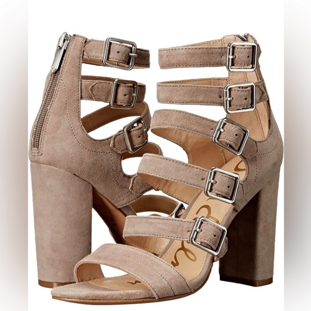 Sam Edelman Yasmina Beige Suede Strappy Chunky Heels
